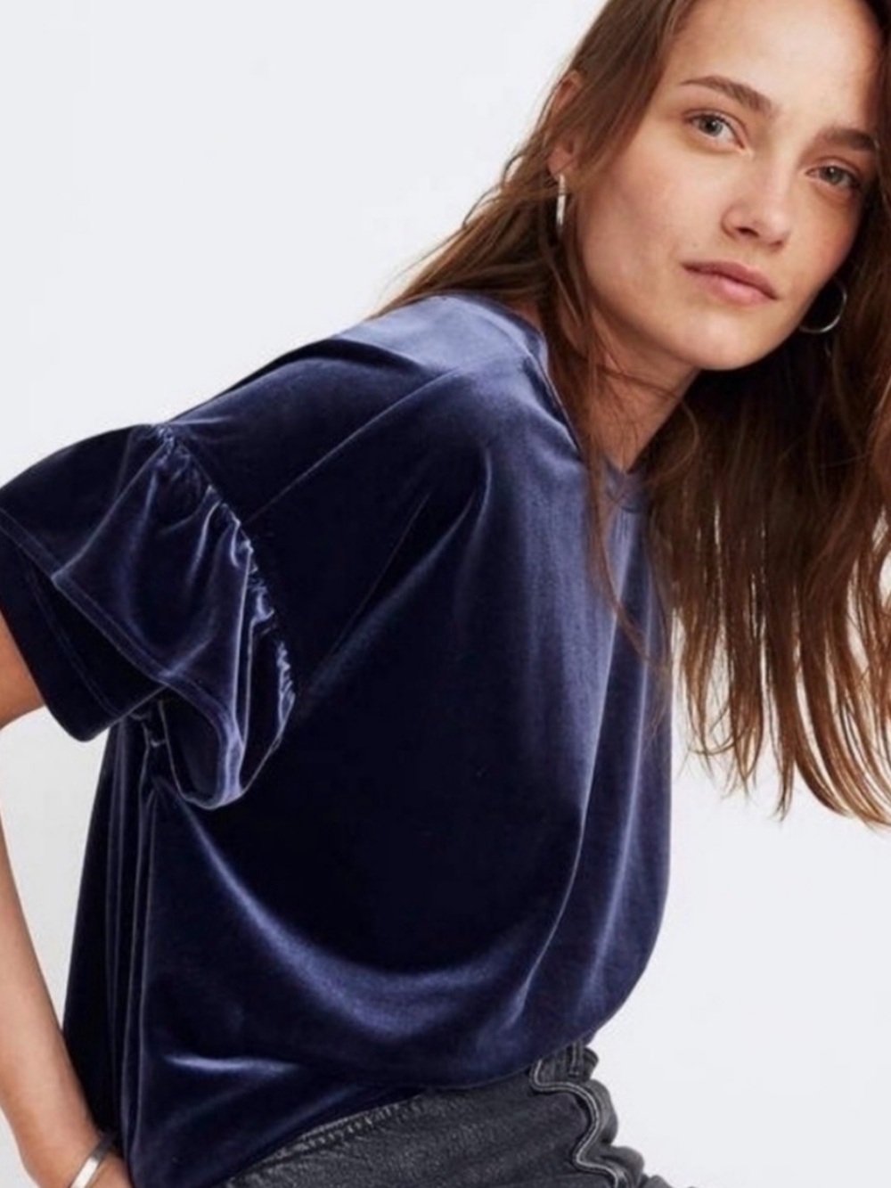 Madewell Navy Velvet Deep Midnight Navy Ruffle-Sleeve Short-Sleeve Tee Sz M